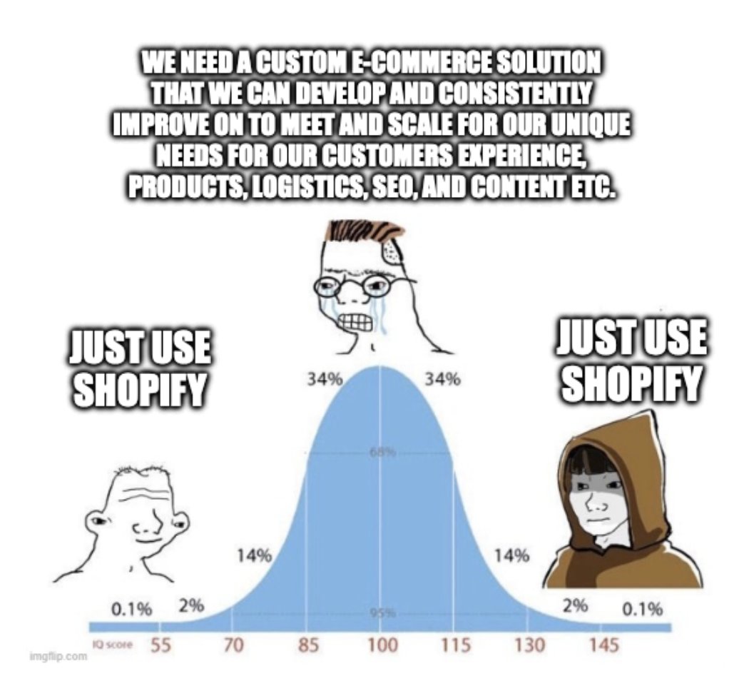 waqasali's tweet photo. I owe it to all the founders, starting an eCommerce business with limited resources/time.

Use @Shopify.
Even if you think you might be ‘a rare case’ (like we did). USE SHOPIFY

It’d save you time, complexity, $$$, eng headache, and the genuinely helps you succeed. https://t.co/Yyus4a4EZs