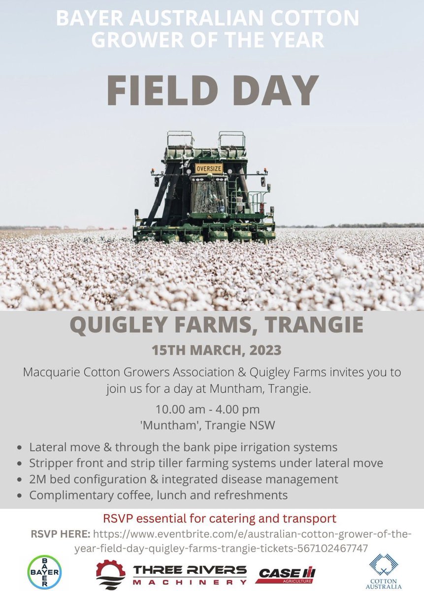 Southern Valleys Cotton Growers Association (@southernvalleys) on Twitter photo π Save the date- Grower of the Year Field Day @ Quigley Farms, Trangie
<a href="/CottonAustralia/">Cotton Australia</a> <a href="/Bayer4CropsAU/">Bayer AU π¦πΊ | Crop Science</a> <a href="/MacqFoodnFibre/">Macq Food & Fibre</a> <a href="/QuigTony/">Tony Quigley</a> <a href="/farmingwithtom/">Tom Quigley</a> <a href="/RichieQuigley/">Richie Quigley</a> <a href="/georgequig/">George Quigley</a> <a href="/csd_cotton/">CSD</a>
eventbrite.com/e/australian-cβ¦ π Save the date- Grower of the Year Field Day @ Quigley Farms, Trangie
<a href="/CottonAustralia/">Cotton Australia</a> <a href="/Bayer4CropsAU/">Bayer AU π¦πΊ | Crop Science</a> <a href="/MacqFoodnFibre/">Macq Food & Fibre</a> <a href="/QuigTony/">Tony Quigley</a> <a href="/farmingwithtom/">Tom Quigley</a> <a href="/RichieQuigley/">Richie Quigley</a> <a href="/georgequig/">George Quigley</a> <a href="/csd_cotton/">CSD</a>
eventbrite.com/e/australian-cβ¦