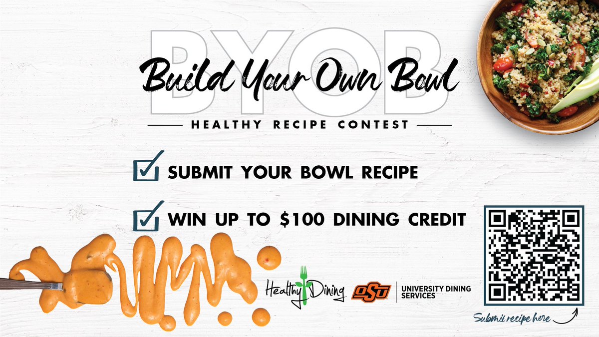 The Healthy Recipe Contest is back! Visit the link below to submit your favorite ingredients for a healthy bowl. The winning recipe will be featured in the grab-and-go cases across campus next year! 1st, 2nd and 3rd places will also win dining credit.
🔗 okla.st/3pA12W3