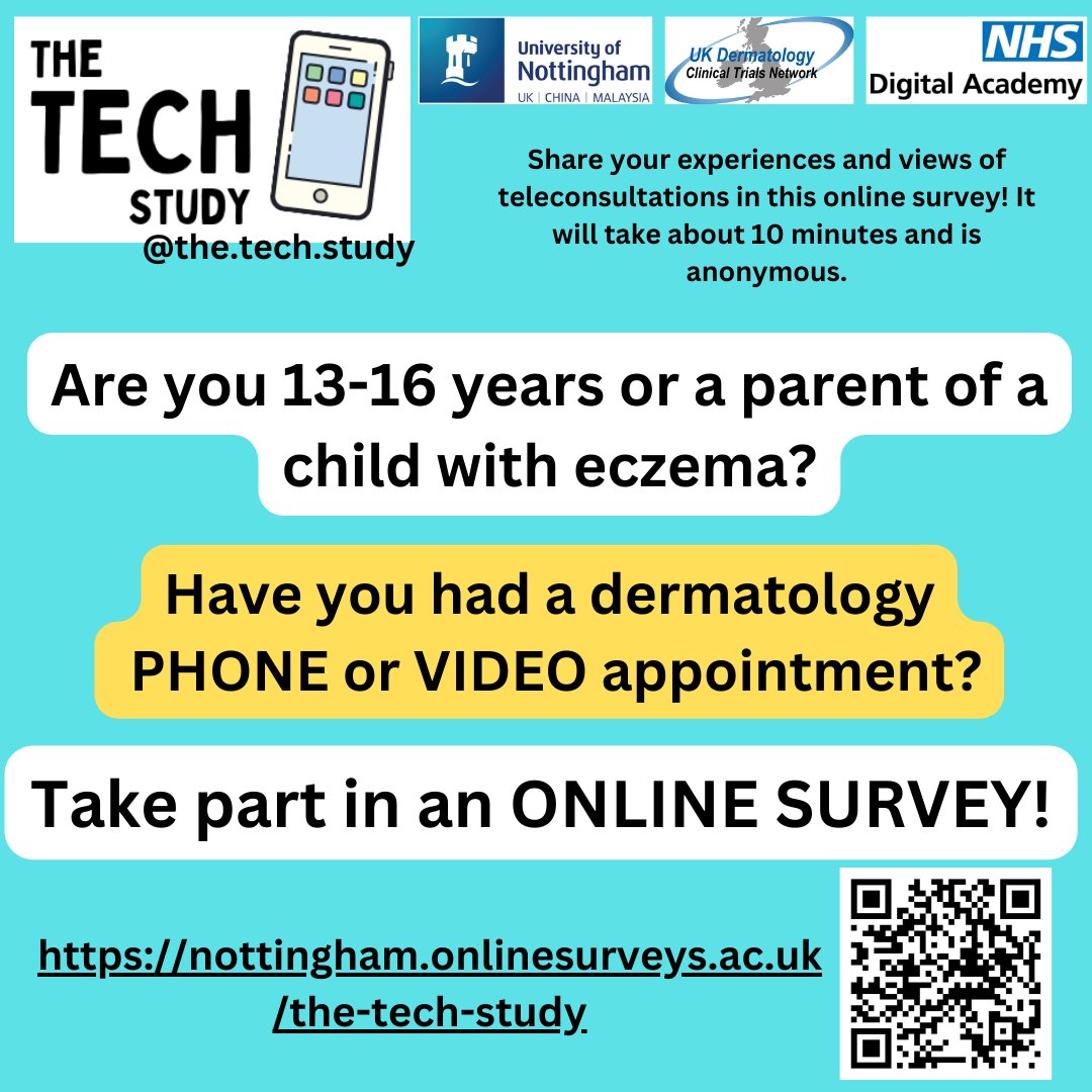 Eczema Outreach Support (@eczemaoutreach) on Twitter photo Last chance to take part in <a href="/The_TECH_Study/">The TECH Study</a> survey!
Researchers at the University of Nottingham want to hear from young people & parents about their experiences of teleconsultations for #eczema in dermatology.
Take part here: tinyurl.com/2bhahybr
Survey closes 5 March. Last chance to take part in <a href="/The_TECH_Study/">The TECH Study</a> survey!
Researchers at the University of Nottingham want to hear from young people & parents about their experiences of teleconsultations for #eczema in dermatology.
Take part here: tinyurl.com/2bhahybr
Survey closes 5 March.