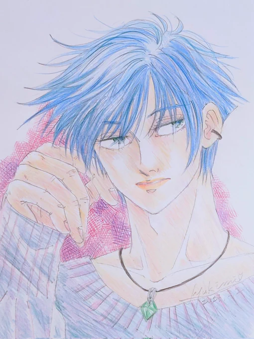 .+*(* ॑꒳ ॑*  )おはようです!。.*+:•*":.•✧落ち着かないので、お絵描きしていました描きあがったので、ご挨拶(ㅅ'꒳` )໒꒱〜恵〜 #呪術廻戦ファンアート  #伏黒恵 #色鉛筆イラスト 