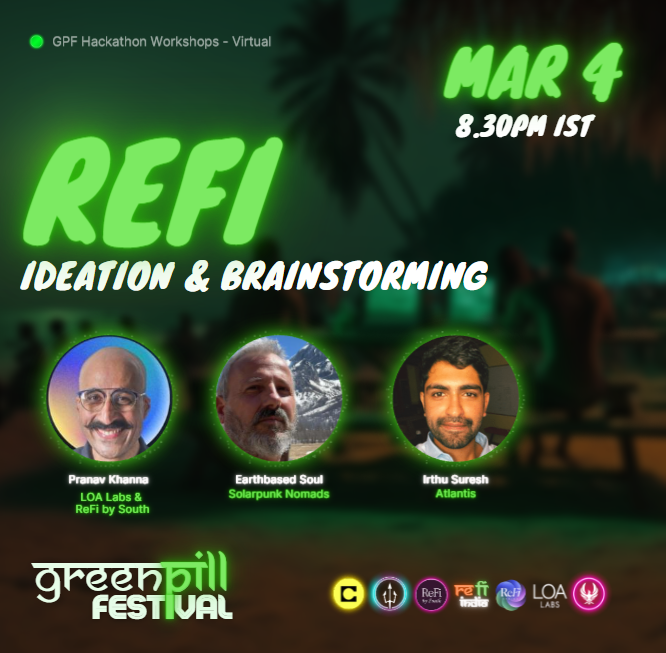Come be a part of the ideation &amp; brainstorming session on #ReFi, held by #regens who have survived bull, bear &amp; every other run there was 🐂🐻

Introducing the #GreenPillFestival Virtual Workshop hosted by <a href="/checkfit/">Pranav Khanna</a> <a href="/Earthbasedsoul/">Earthbased.soul</a> &amp; <a href="/IrthuSuresh/">Irthu</a> 💪🏽

March 4th 8:30PM IST ⏰