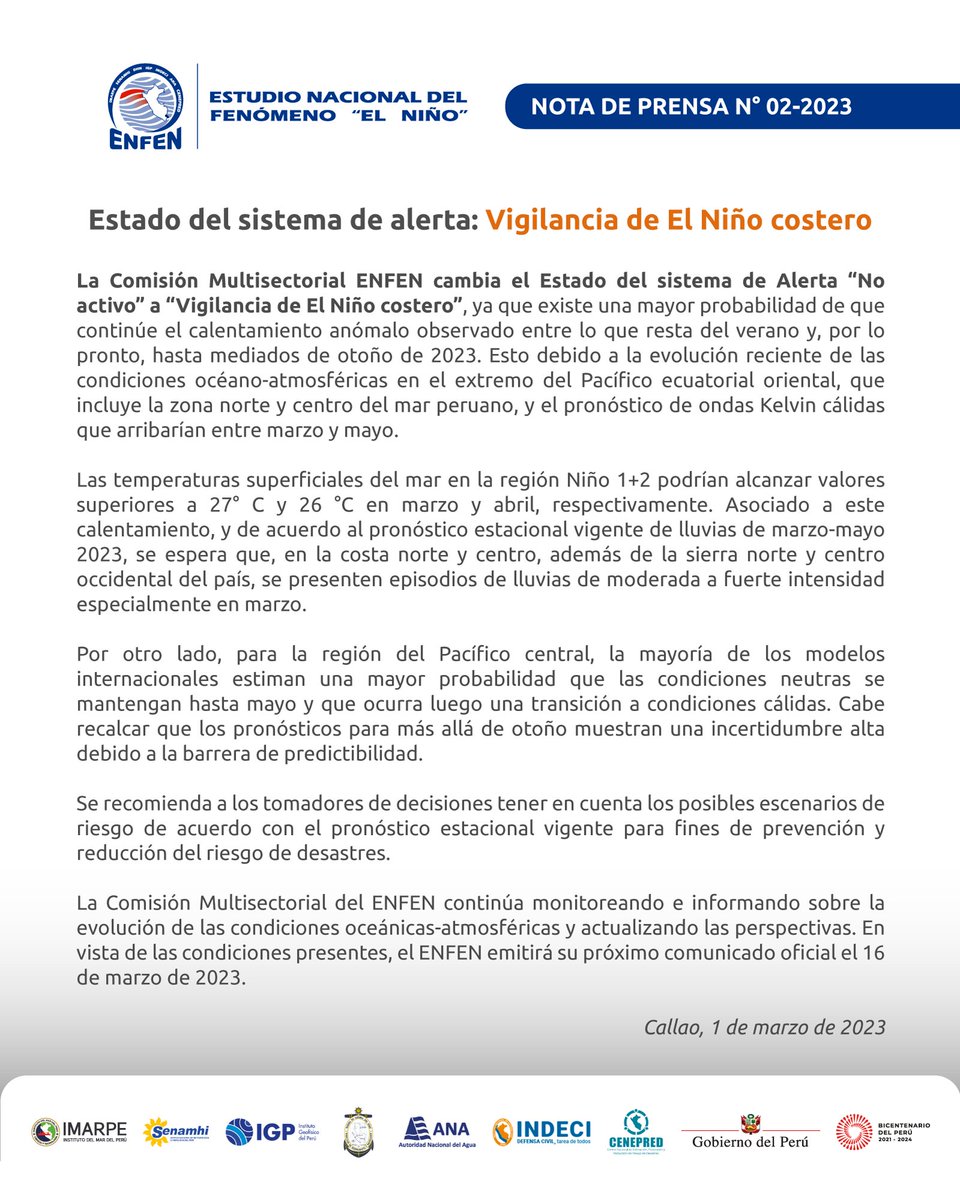 📢 La Comisión Multisectorial Encargada del Estudio Nacional del Fenómeno “El Niño” - #ENFEN cambia el estado del sistema de alerta “No activo” a “Vigilancia de El Niño costero”.

📄 Nota de prensa ➡️ bit.ly/3ZxCSLC
