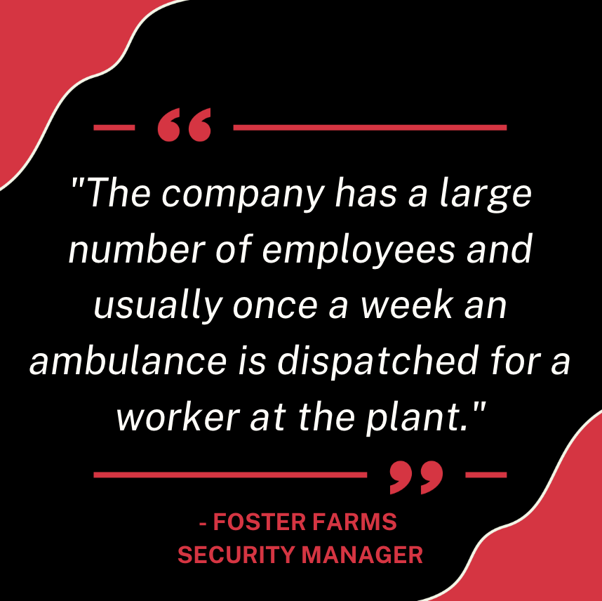 FosterFarmTrial's tweet image. A report obtained during trial preparations has revealed just how dangerous it is to work at @FosterFarms. When discussing an activist blockade set up outside the slaughterhouse, the security manager states that ambulances are called weekly due to injuries. 

#FosterFarmsTrial