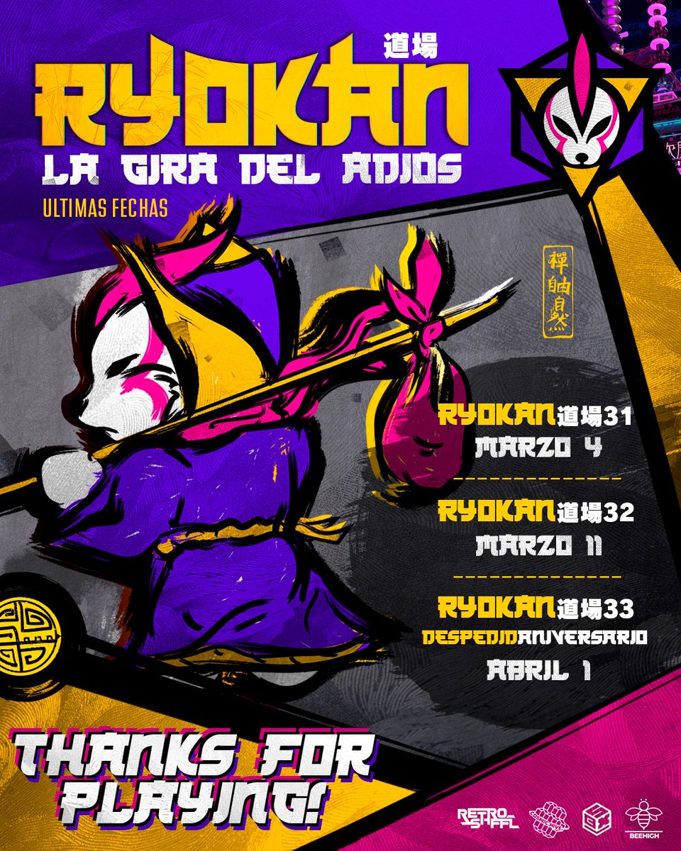 🟡RYOKAN, LA GIRA DEL ADIÓS!  🥲

Acompáñenos a los últimos 3 torneos del RYOKAN, cerraremos el 1 de Abril con un torneo especial para despedir la casa que nos dio cede este año.

➡️start.gg/Ryokan31
➡️start.gg/Ryokan32
➡️start.gg/RyokanFinal

THANKS 4 PLAYING! 💚