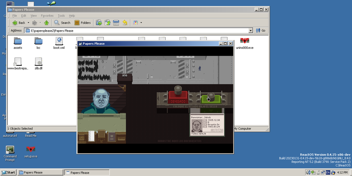 ReactOS (@reactos) on Twitter photo Papers Please 1.1.60-S works without any issue under #ReactOS! Audio works and full screen or window mode works, too!
Test: <a href="/julenuri/">Julen Urizar Compains</a>
#gaming #gamedev #SoftwareEngineer #SoftwareDeveloper #Software Papers Please 1.1.60-S works without any issue under #ReactOS! Audio works and full screen or window mode works, too!
Test: <a href="/julenuri/">Julen Urizar Compains</a>
#gaming #gamedev #SoftwareEngineer #SoftwareDeveloper #Software