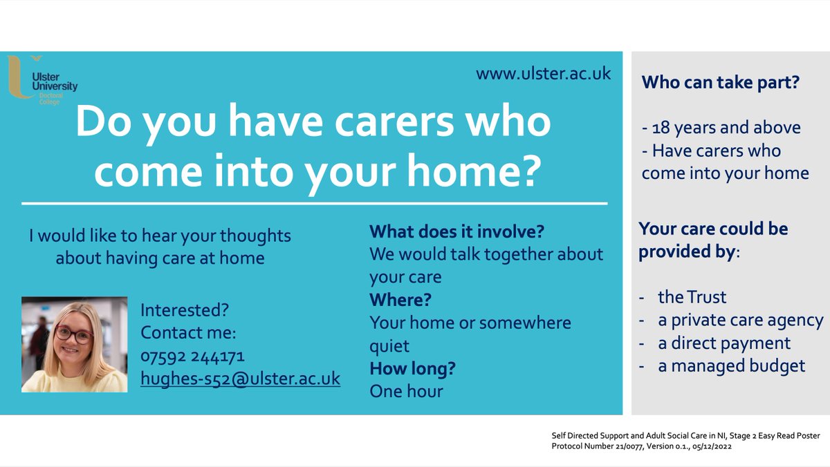 *Recruiting for a study in Northern Ireland*
Do you receive care &amp; support from care workers or personal assistants? 
I want to hear your thoughts! 
We can meet in person or online.
Trust-arranged, Direct Payments or Managed Budgets– you can take part! 
Contact me for more info
