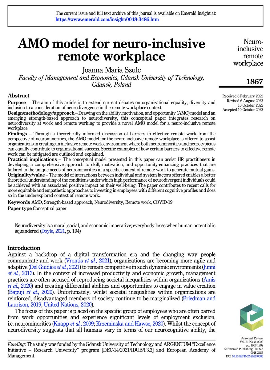 Personnel Review (@personnelreview) on Twitter photo Paper spotlight: <a href="/DrJoannaSzulc/">Joanna Szulc</a> – AMO model for neuro-inclusive remote workplace. See thread below for key takeaways from this research. (1/5)
emerald.com/insight/conten… Paper spotlight: <a href="/DrJoannaSzulc/">Joanna Szulc</a> – AMO model for neuro-inclusive remote workplace. See thread below for key takeaways from this research. (1/5)
emerald.com/insight/conten…