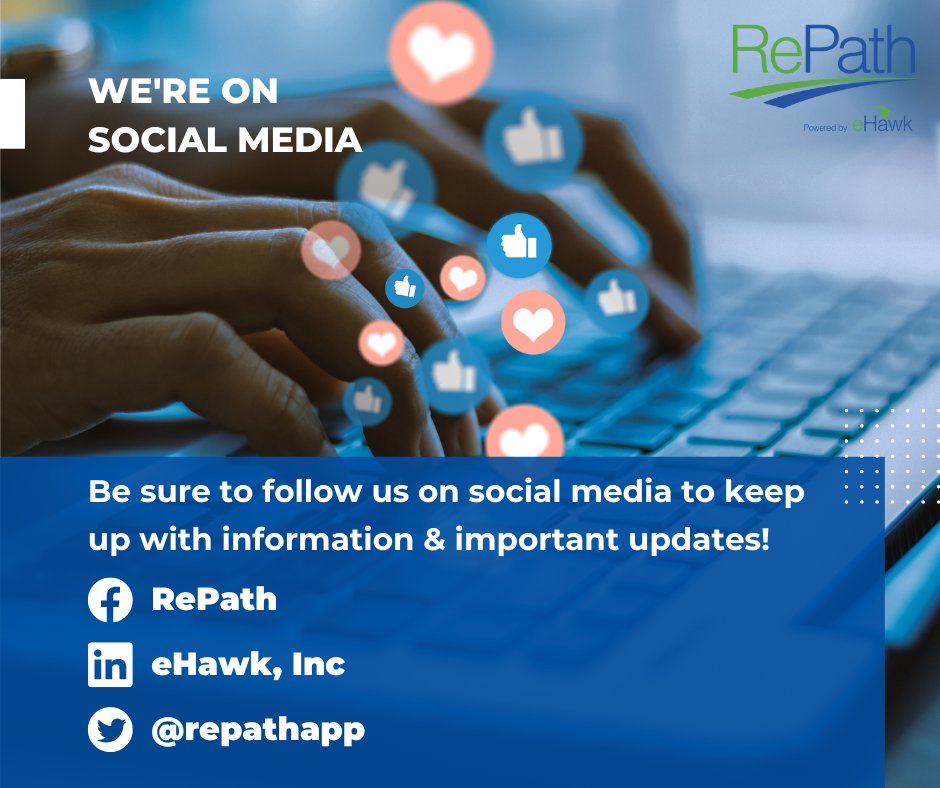 repathapp's tweet image. We are on Facebook, LinkedIn, and Twitter! 

Be sure to follow us to keep up with new information and important updates! 

#FollowUs #RePathApp #eHawk #RePath #CriminalJustice #communitycorrections #ehawksolutions #PleaseShare #Twitter #LinkedIn #Facebook