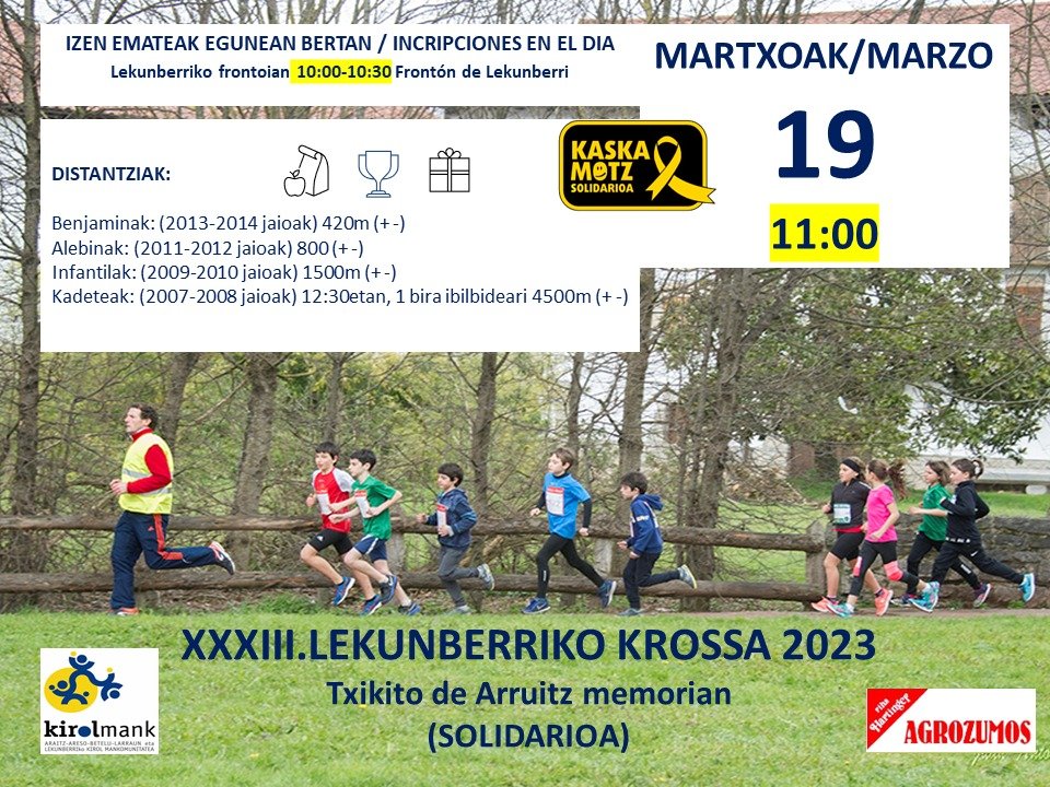 <a href="/ArdoiAtletismo/">Club Atletismo Ardoi</a> <a href="/HIRUHERRI/">HIRU-HERRI ATLETIKO</a> <a href="/DNRunning/">DNRunning</a> <a href="/dantzalekusaka/">DANTZALEKU SAKANA</a> <a href="/ArizuJavier/">Javier Nagore Arizu</a> <a href="/MaitaneMelero/">Maitane</a> Muchas categorías y posibilidad de dorsal Solidario o donaciones en kaskamotz.org
Conocemos la necesidad de invertir en la investigación. Con pasitos pequeños se puede llegar a una bonita cima.