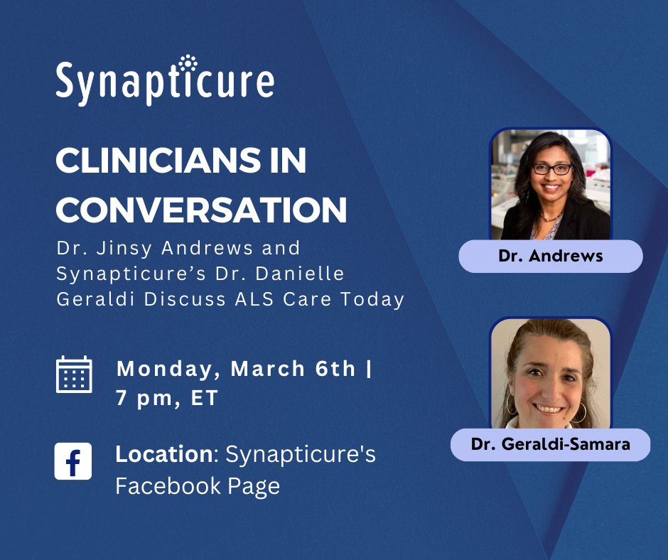 synapticure's tweet photo. We're excited about this one(!)...

On Monday, tune in to hear Dr. Jinsy Andrews and Dr. Danielle Geraldi discuss ALS care today. They'll cover promising treatments in the pipeline, limitations of ALS care today, and how Synapticure partners with clinics.

https://t.co/gRLlj68Sl9 https://t.co/M3QQeGpLf1