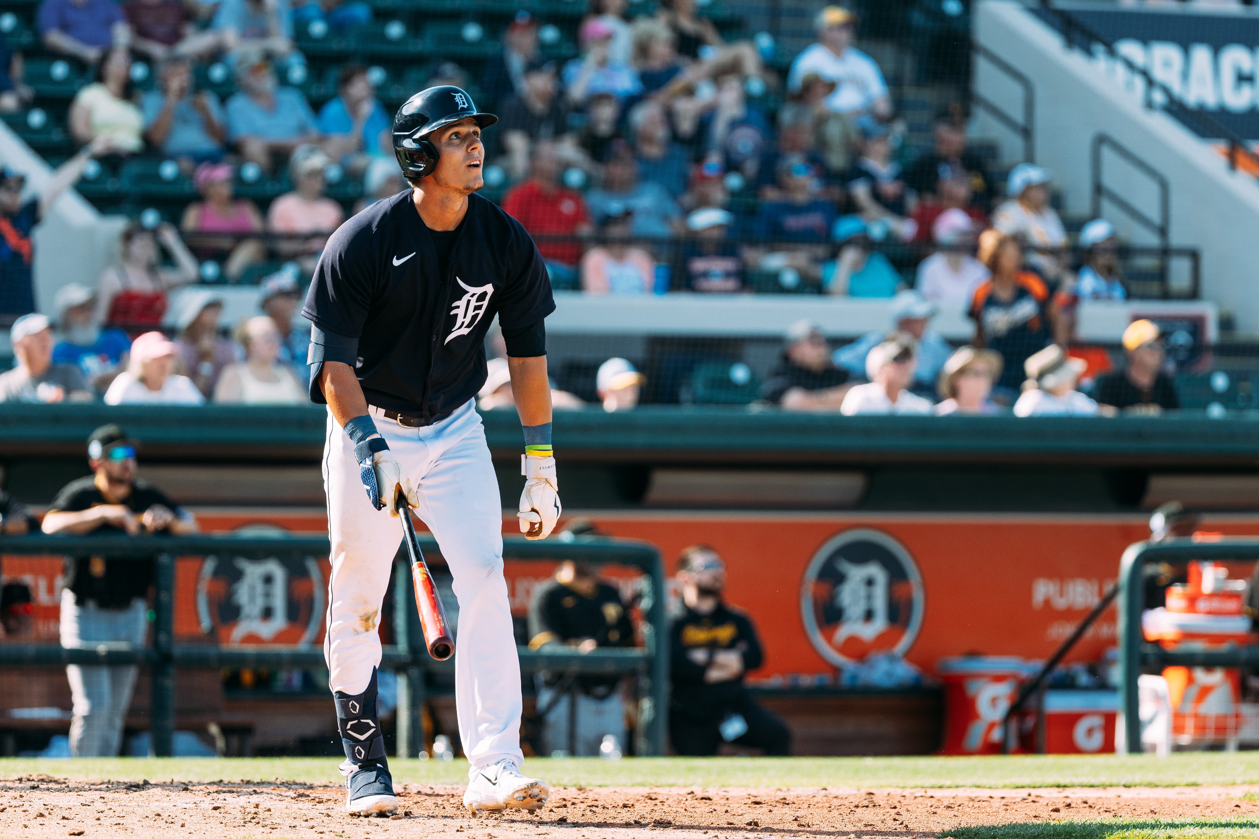 Nick Maton watches his home run ball take flight as he begins walking out of the left-handed batter's box