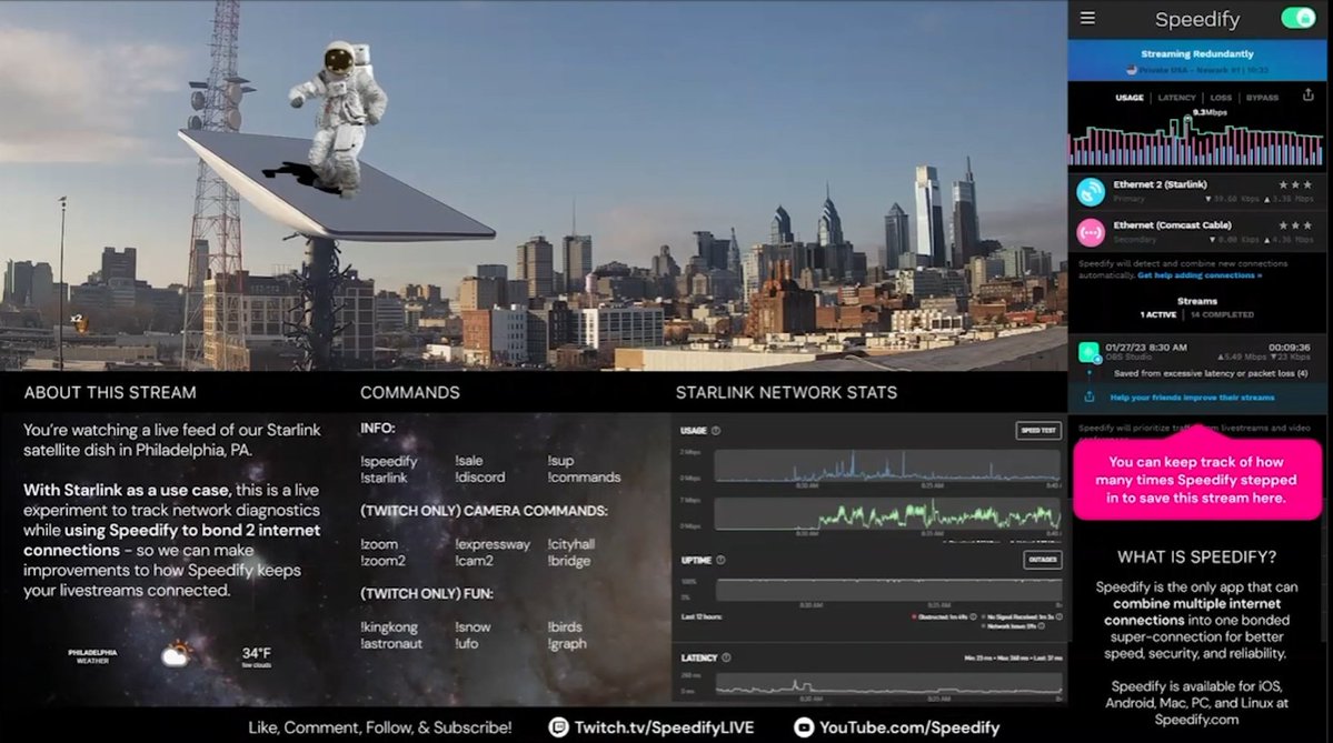 speedify's tweet image. We've been running a #Starlink test stream on @Twitch for the past couple months! Our goal: learn more to help us further improve #Speedify!
Watch our 24/7 stream, learn with us &amp; play with our #chatcommands like !astronaut: twitch.tv/speedify
#spacex @SpaceXStarlink #irl