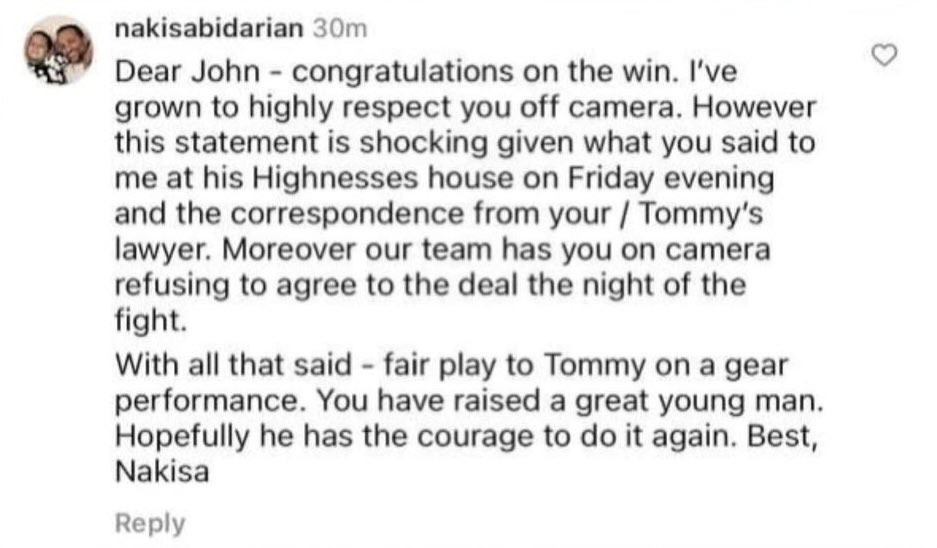 Jake Paul's manager Nakisa Bidarian responds to John Fury calling for them to pay up after his double or nothing bet with Tommy Fury…