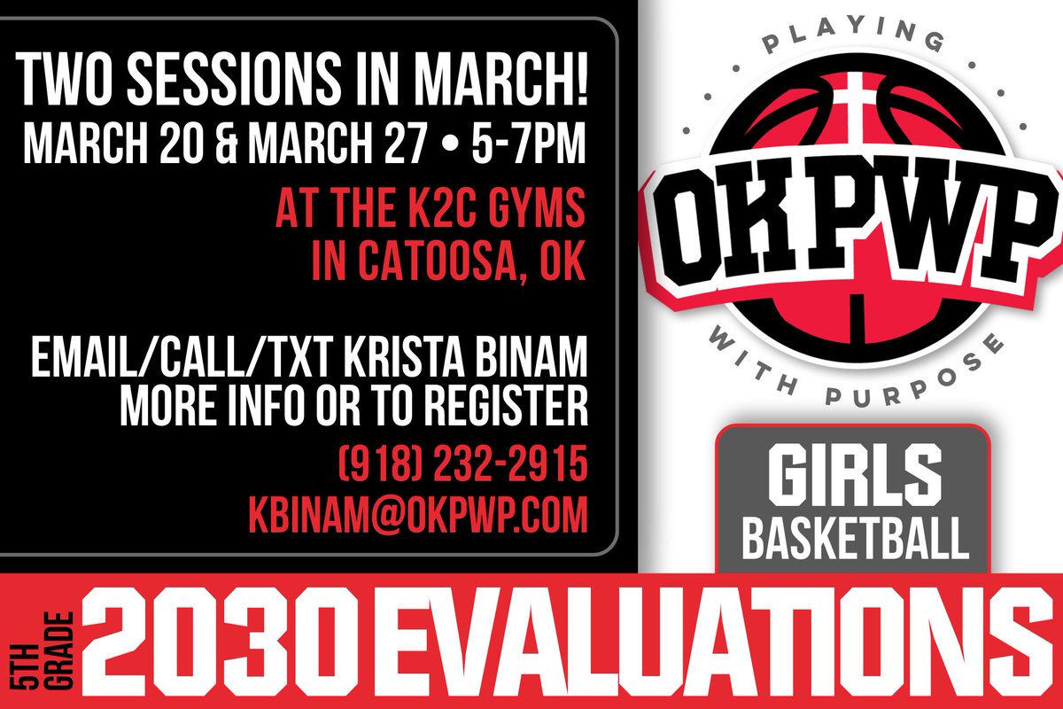 OK PWP Basketball (@oklahomapwp) on Twitter photo 2030 GIRLS EVALUATIONS!
Two Monday Sessions!
π 3/20 & 3/27
β° 5-7pm
π K2C Gyms-Catoosa
5th Grade Girls interested in trying out for the PWP 2030 team, please contact Coach Binam to register or for more information!
π§’ Coach Krista Binam
π± 918-232-2915
π§ kbinam@okpwp.com 2030 GIRLS EVALUATIONS!
Two Monday Sessions!
π 3/20 & 3/27
β° 5-7pm
π K2C Gyms-Catoosa
5th Grade Girls interested in trying out for the PWP 2030 team, please contact Coach Binam to register or for more information!
π§’ Coach Krista Binam
π± 918-232-2915
π§ kbinam@okpwp.com