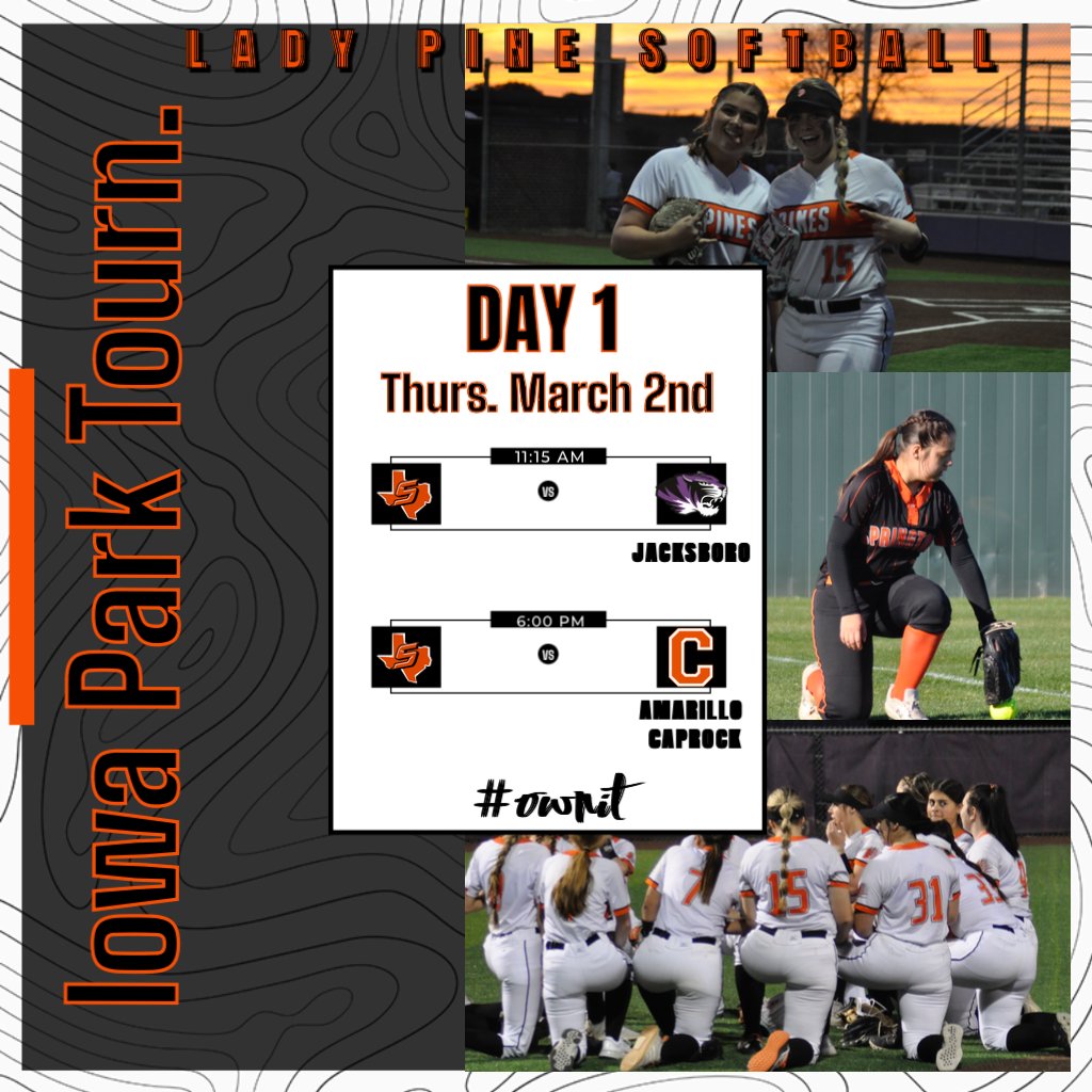 Day 1 Iowa Park Tourn.

🆚 Jacksboro
🆚 Caprock

All games at D-Bat Field
4100 S FM 369
Wichita Falls, Tx 76310

Let’s go compete!