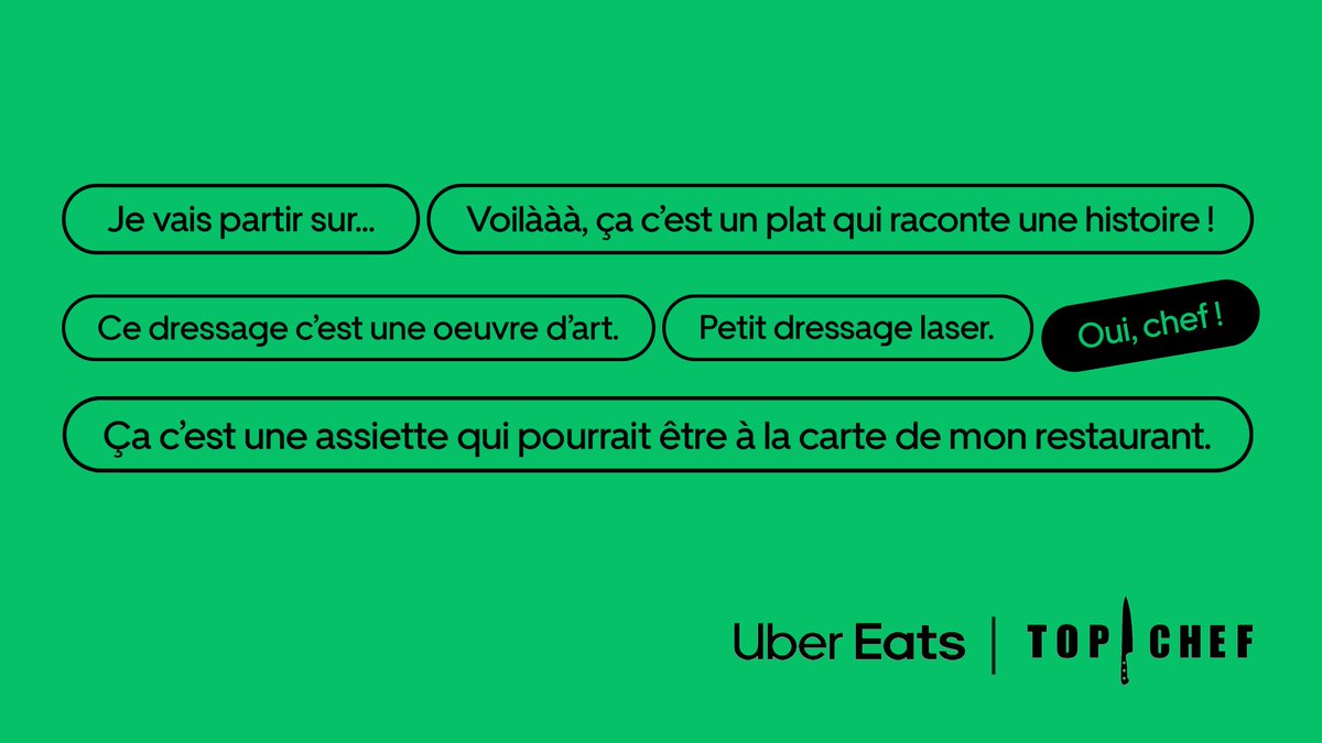 ubereats_fr's tweet image. Les soirées #TopChef, c’est bien plus que du goût, c’est aussi et surtout une ribambelle d’expressions sucrées-salées.
Alors voici le #BingoTopChef : si on coche toutes les cases d’ici la fin de la soirée, on offre 10€ de crédit à 100 personnes qui auront RT ce tweet.
