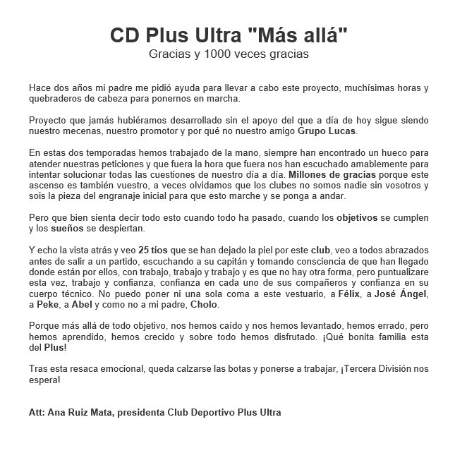 CDPlusUltra's tweet photo. CD Plus Ultra “Más allá” - Gracias y 1000 veces gracias 💙 

Mensaje de nuestra presidenta dirigido al equipo, al club y a todos los que lo rodean y han hecho esto posible, una vez más, GRACIAS. 

¡Tercera División nos espera! ⚽️ 

#SomosTerceraRFEF #VamosPlus https://t.co/SIoCJFPlrh