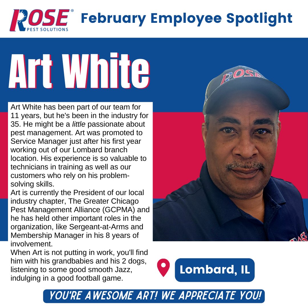 Art was in our spotlight for the month of February! 🌟 Service Manager for our Lombard location, has been one of our go-to guys for 11 years now! He brings the passion, experience and education to our Rose team and we are so lucky to have him in our crew.