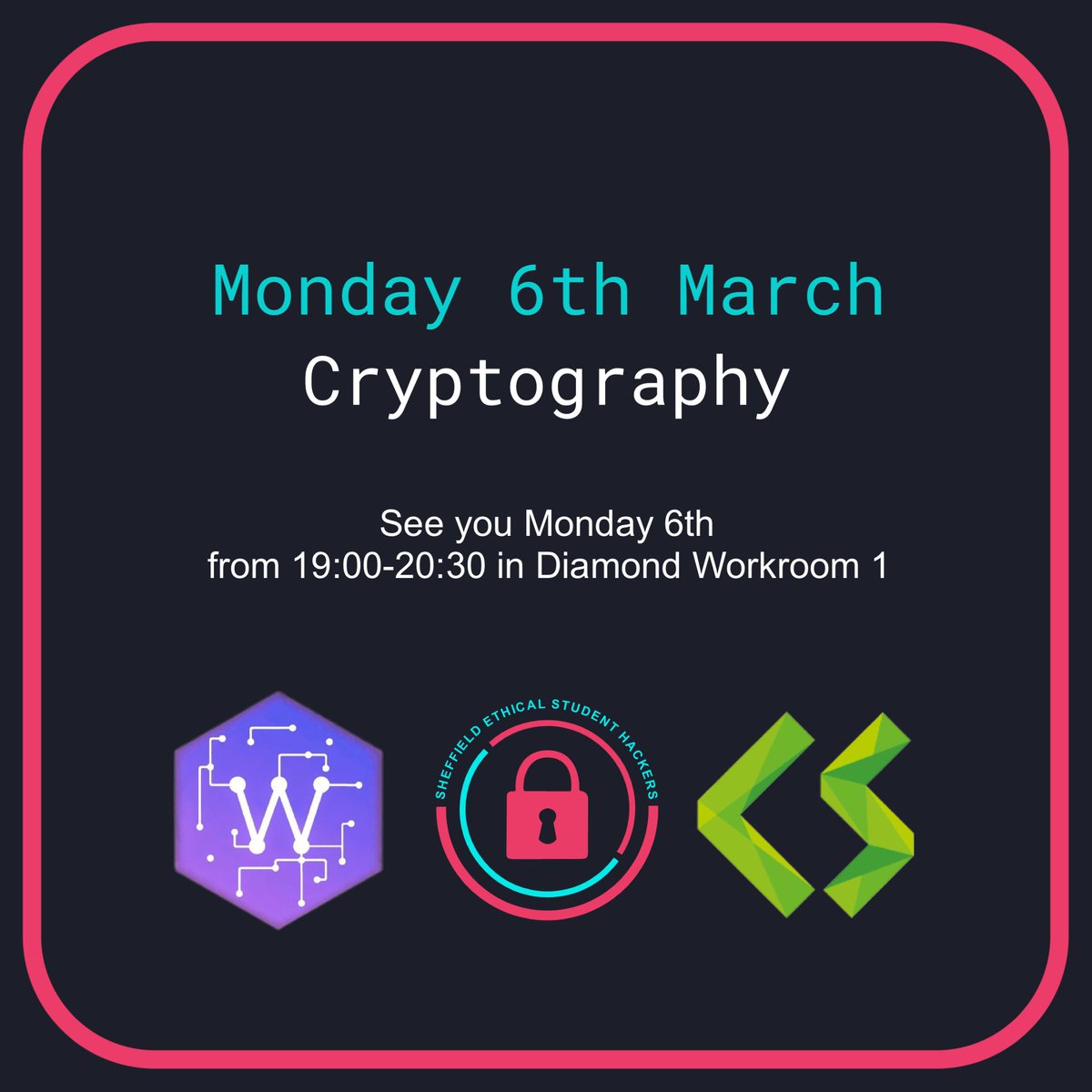 _shefesh's tweet photo. Join us for a session on cryptography to help you gain insight into the world of code-breaking before our visit to Bletchley. This session is open to members of CompSoc and SWiCSS.
We hope to see you in Diamond Workroom 1, March 6th 19:00-20:30 https://t.co/kTYWWVY6jq
