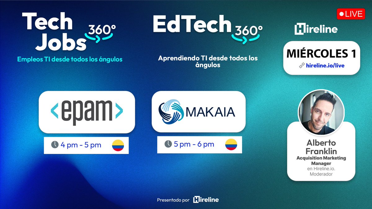 hirelineio's tweet photo. 📣 ¡Estamos en vivo en el TechJobs360º + EdTech360º! Conoceremos cómo es trabajar como Developer en @EPAM_Colombia y cómo es aprender programación en @Makaiaorg.
🔴 Únete aquí: https://t.co/hiyZdMnY2W
#techjobs360 #edtech360 https://t.co/7kLL7hBkTl