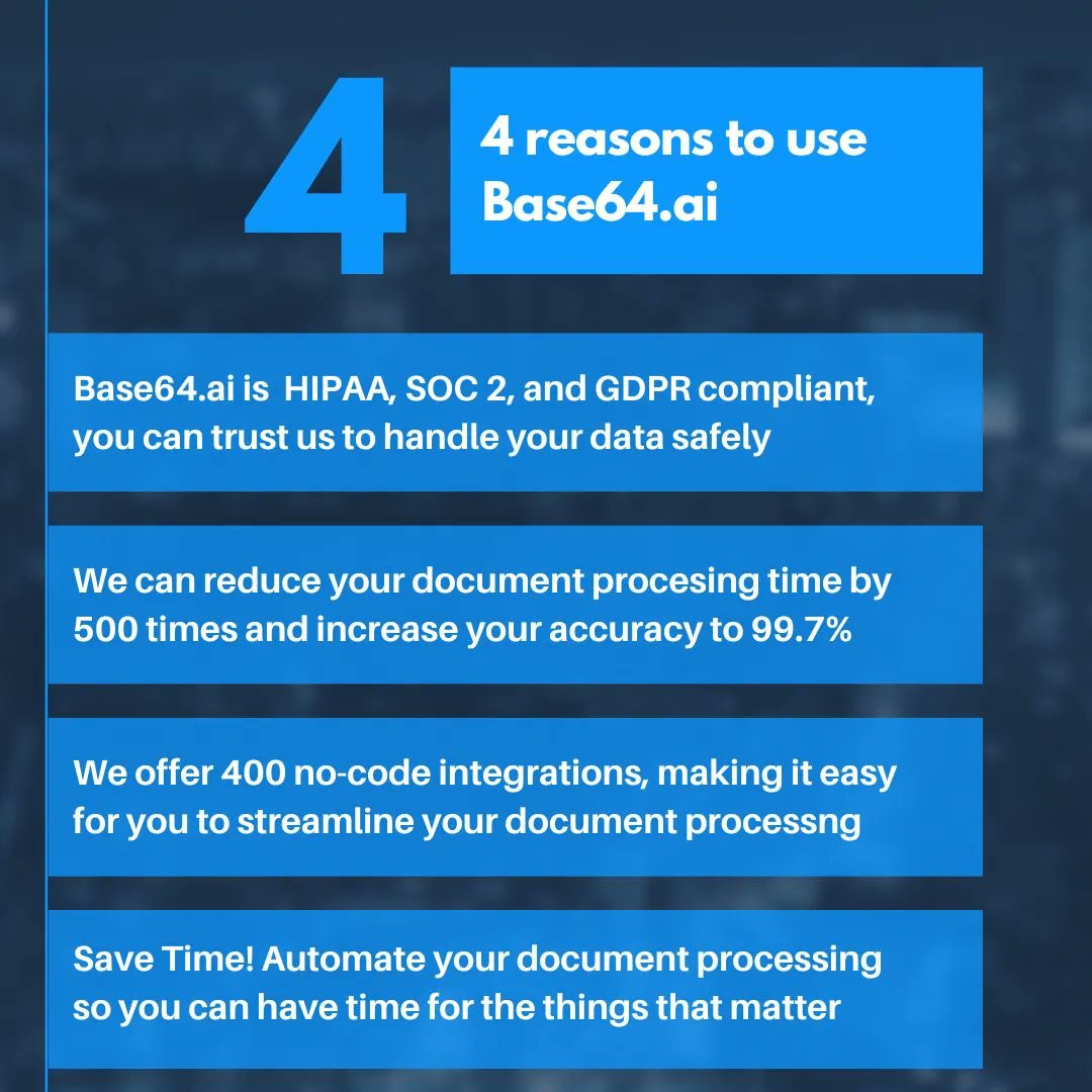 Base64ai's tweet image. Automate data processing with Base64.ai and enjoy enhanced efficiency, improved accuracy, and other benefits. Don&apos;t wait, start optimizing your workflows today! #AI #documentunderstanding #IDP
