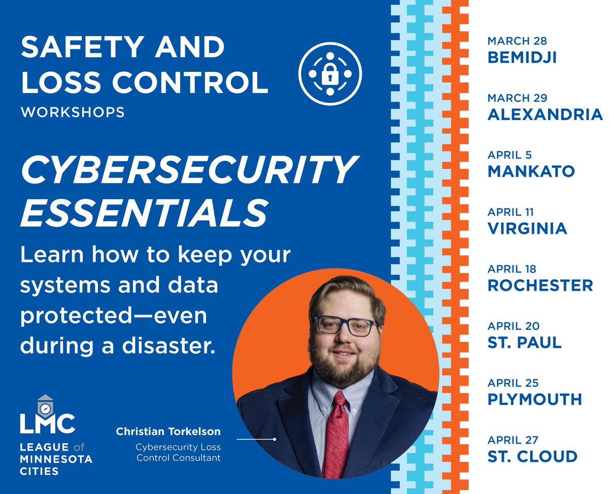 MinnesotaCities's tweet image. Learn more about cybersecurity planning for cities as part of our Safety and Loss Control Workshops: ow.ly/Azrh50MTovg

Even if you are not your city’s primary IT provider, all audiences can gain valuable, city-specific strategies from this session. 

#MnCities  #LMCIT