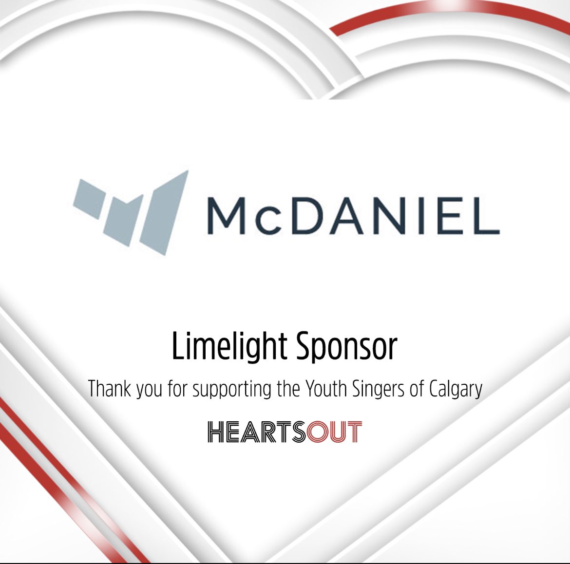 heartsoutyyc's tweet photo. Let’s give a standing ovation to one of our Limelight sponsors! We would like to extend our gratitude to McDaniel and Associates for sponsoring HEARTS OUT. We are thankful for McDaniel’s commitment to giving back to the community and supporting @YouthSingers. https://t.co/ycG412Zjy6