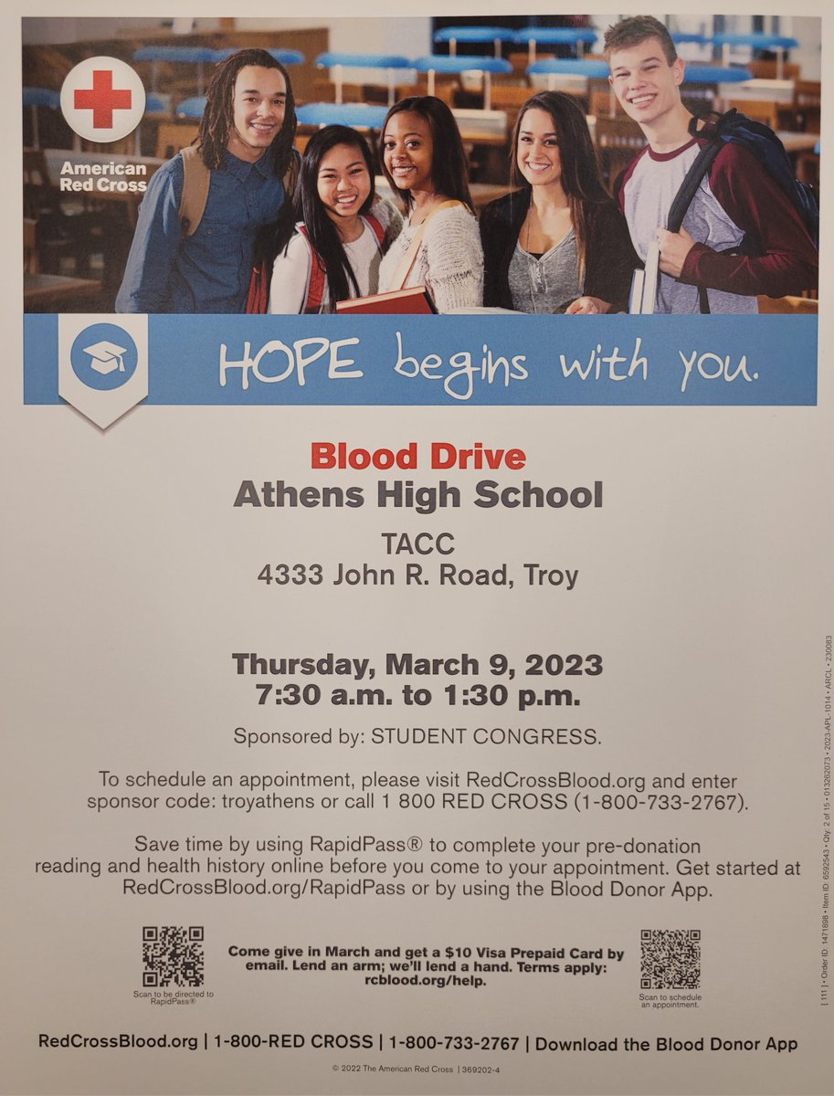 Our Spring Blood Drive is March 9! 
 Register online RedCrossBlood.org

Sponsor code/Find a Drive: troyathens 

#savealife