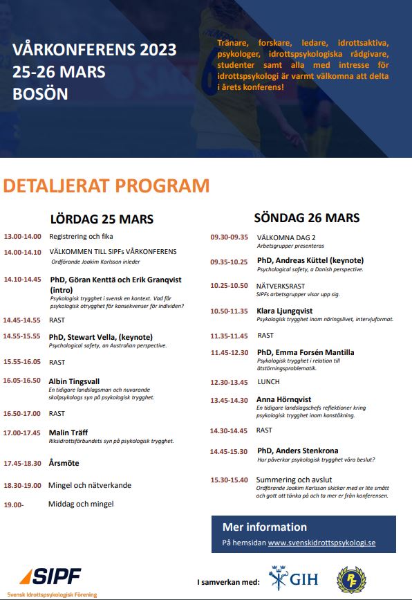Programmet är ute nu! Läs mer här: svenskidrottspsykologi.se/etn/varkonfere… 
#idrottspsykologi #svenskidrott #mentalträning #teamutveckling #psykologisktrygghet #psykolog #tränare #elitidrott