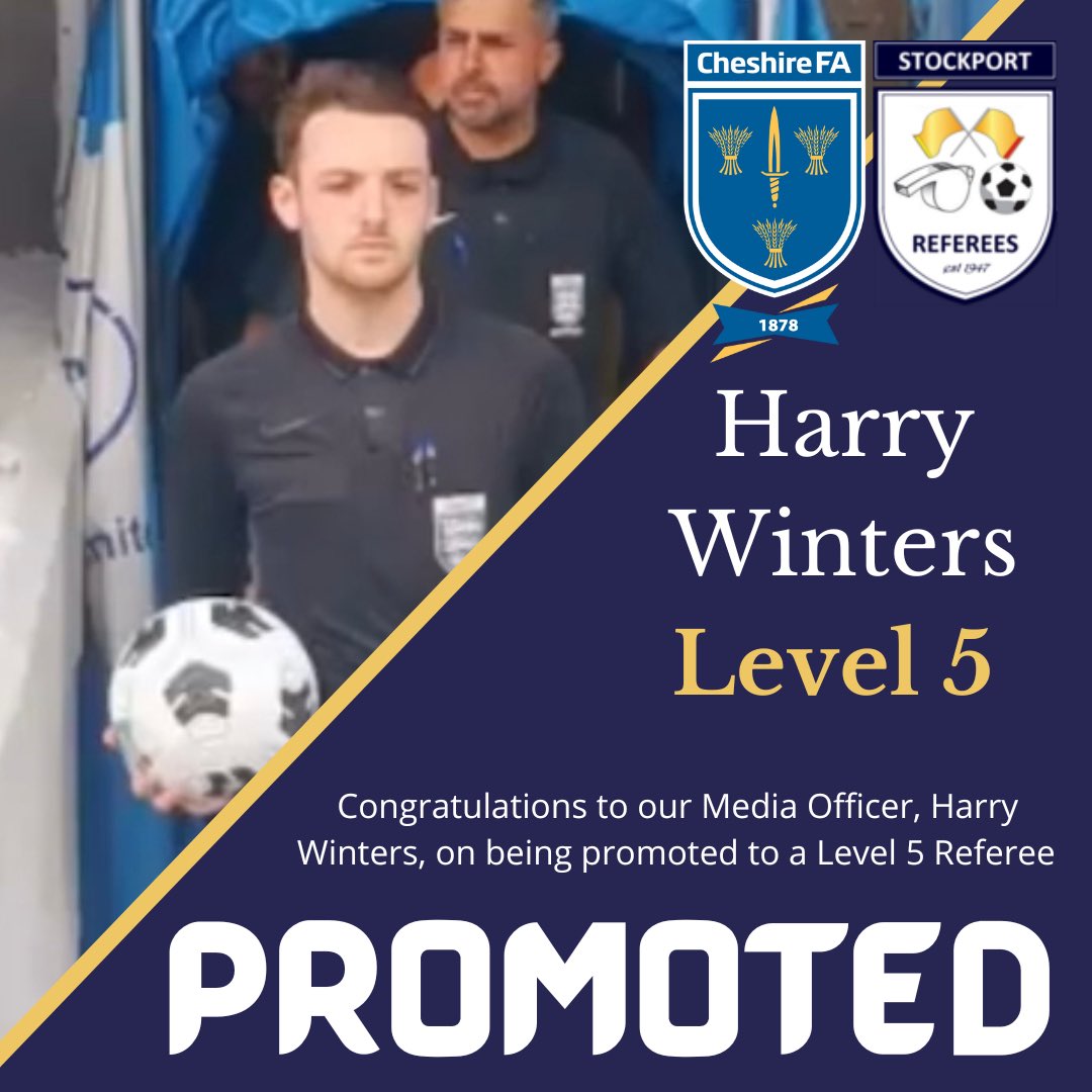 StockportRefs's tweet photo. 👏 Harry has been promoted to Level 5 and Atticus and Steven have been promoted to Level 6 with @CCFARefs. 
Congratulations to all and enjoy your new challenge. 
@Cheshire_FA | @FARefereeing | @RefsAssociation https://t.co/dtmR2pL0HP