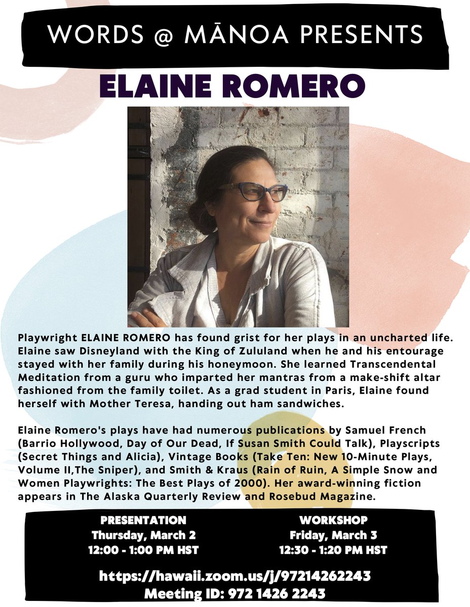UH Mānoa Creative Writing (@uhmcreatwrit) on Twitter photo Please join us this week for two very exciting online events with <a href="/ElaineRomero/">Elaine Romero🌵</a>! Romero will be giving a presentation on Thursday, March 2, 12-1 PM HST, and a writing workshop on Friday, March 3, 12:30-1:20 PM. See flyer for Zoom info! Please join us this week for two very exciting online events with <a href="/ElaineRomero/">Elaine Romero🌵</a>! Romero will be giving a presentation on Thursday, March 2, 12-1 PM HST, and a writing workshop on Friday, March 3, 12:30-1:20 PM. See flyer for Zoom info!