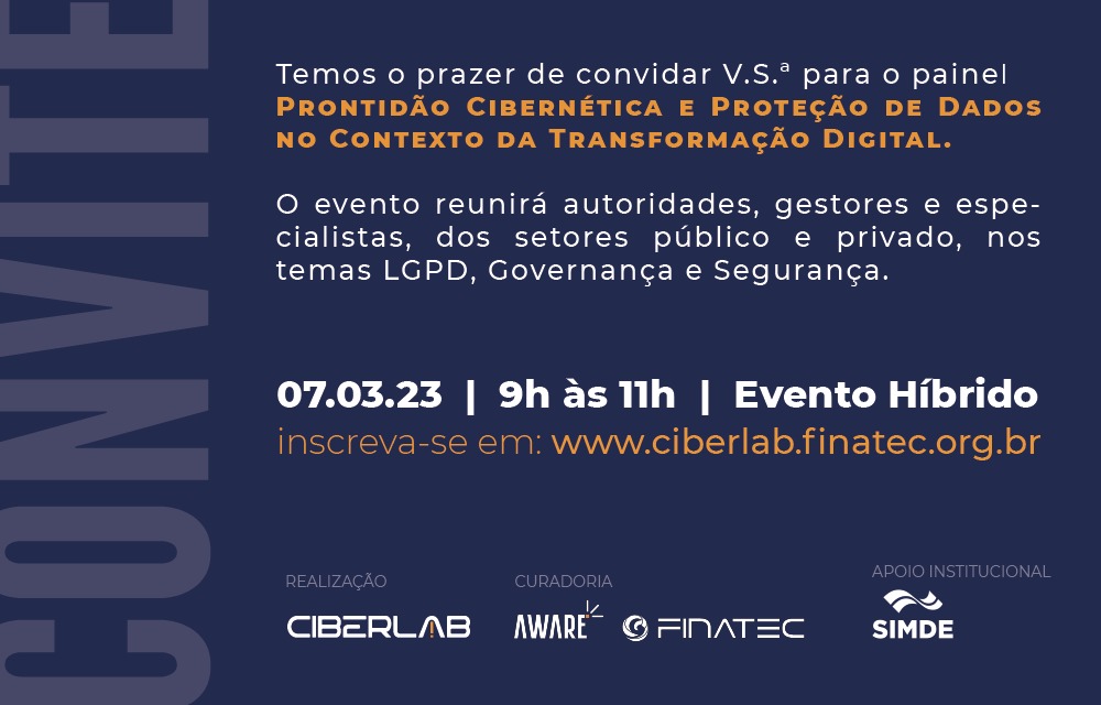 awarebrasil's tweet photo. Painel PRONTIDÃO CIBERNÉTICA
07-Mar-2023 - Brasília

Informações e inscrições para participação presencial ou online em https://t.co/YUsNZLNk8C
(Participantes presenciais receberão certificado FINATEC)
#cibersegurança #lgpd #digital #prontidãocibernética https://t.co/hAWc1MXM1N
