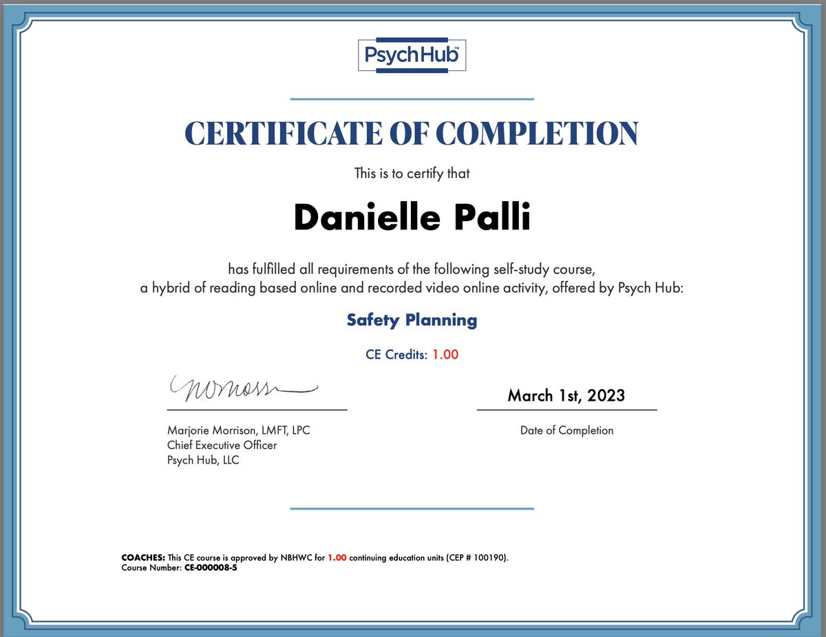Thank you @spring_health & @PsychHub for providing this training. In this course, we learned about safety planning in cases of #intimatepartnerviolence & #suicide ideation. I appreciate your guidance for having these tough conversations w/ those at risk & how to offer support.
