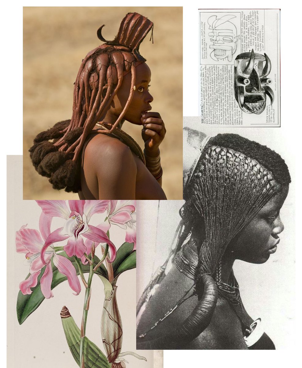 Breakdown of the process: I took inspiration for the hairstyle from the iconic red women of Namibia, also known as Himba.  They are known for using a paste of butter and red ocher, which is applied to their hair and skin. 
