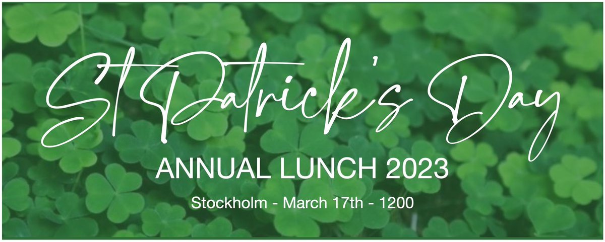 Stockholm | 17-March 2023 | St. Patrick's Day Lunch - We look forward to meeting with our members to celebrate Ireland's national day, with a lunch event at Odd Fellow Huset, Kungsträdgärden, Stockholm.

For details, visit; irishchamber.se/event-5155746?…

#Explore #Engage #Exchange