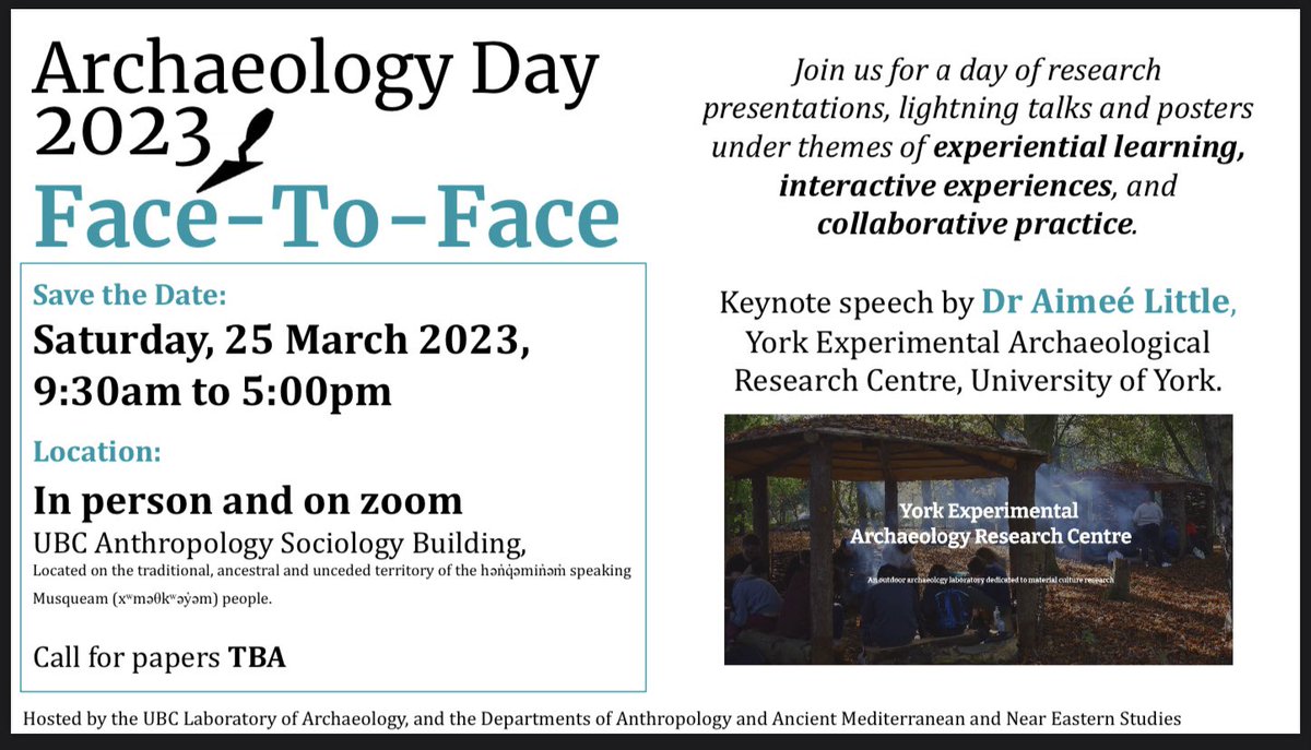 Save the date: Archaeology Day 2023 in on March 25th!  Join us for our annual one day conference focused around the theme “Face-to-Face” and featuring our keynote speaker, Dr. Aimeé Little @YEARCentre <a href="/UBCAnth/">UBC Anthropology</a> #Archaeology