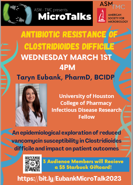 asm_tmc's tweet image. Join us today (3/1) at 4pm CST for our #MicroTalks seminar with Dr. @TarynEubank on antibiotic resistance of Clostridioides difficile!

Join us on zoom via: bit.ly/EubankMicroTal…

@UH_Pharmacy @TheGareyLab #ASMatTMC #cdiff #infectiousdisease