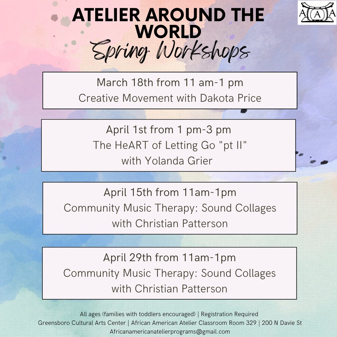 TheACGG's tweet photo. Atelier Around the World: Spring Workshops

🗓️April 1 
🕢1 PM - 3 PM
📍African American Atelier

The Atelier has a fantastic Spring line-up of creative workshops all led by local Black Artists! 

https://t.co/fAwaz8AANV https://t.co/LiRlCgWsCw