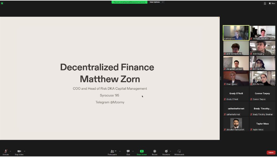 cuseblockchain's tweet image. It was a pleasure having Matthew speak to the club. He talked about his experience, what he&apos;s working on at DKA and the benefits of DeFi compared to TradFi. There was also a Q&amp;amp;A session where members got to ask their questions.