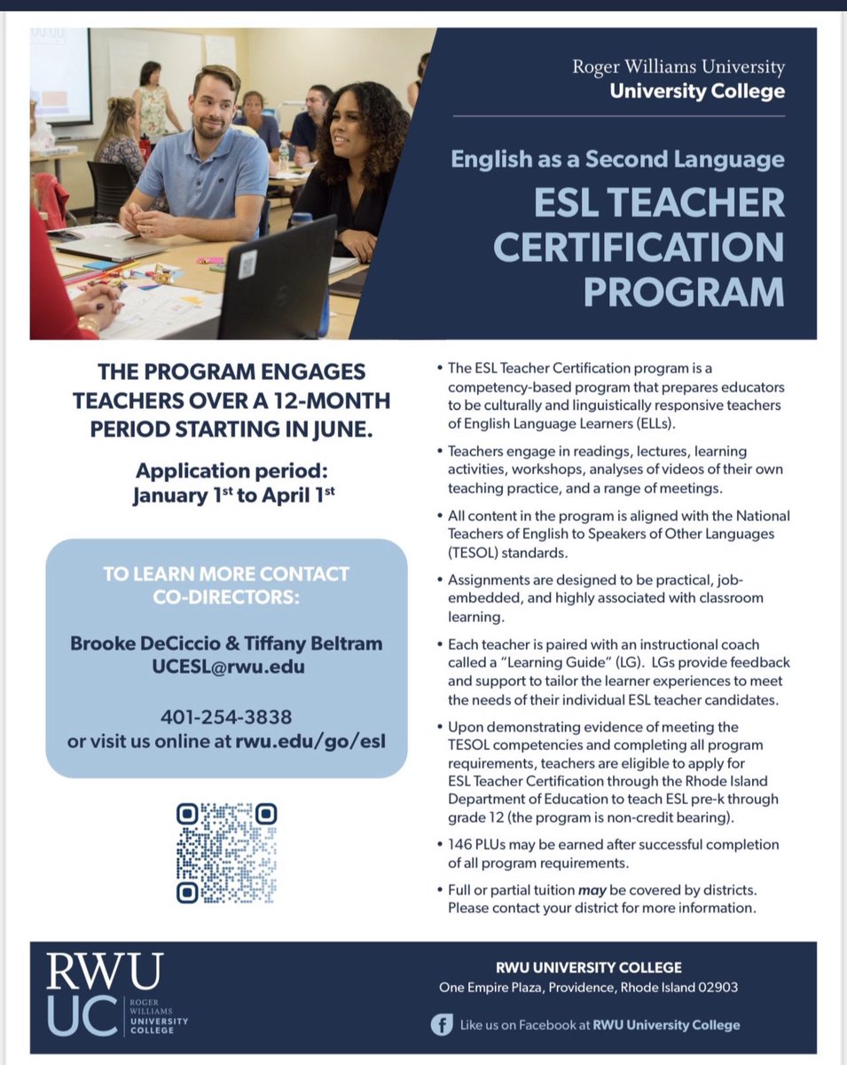 ONE month left to apply! Secure your spot for the 2023-2024 ESL cohort!! Districts spread the word please!!! <a href="/BeltramTiffany/">Tiffany Beltram</a> @rwuuc <a href="/RIDeptEd/">Rhode Island Department of Education (RIDE)</a>
