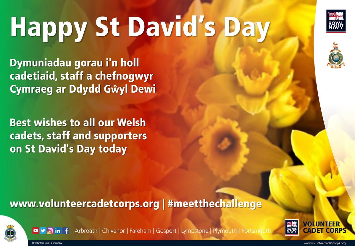 Volunteer Cadet Corps (@vcccadets) on Twitter photo Everyone in <a href="/VCCcadets/">Volunteer Cadet Corps</a> sends their best wishes to all of our Welsh cadets, adult volunteers and supporters on this #StDavidsDay.
Dydd Gŵyl Dewi Hapus. Everyone in <a href="/VCCcadets/">Volunteer Cadet Corps</a> sends their best wishes to all of our Welsh cadets, adult volunteers and supporters on this #StDavidsDay.
Dydd Gŵyl Dewi Hapus.