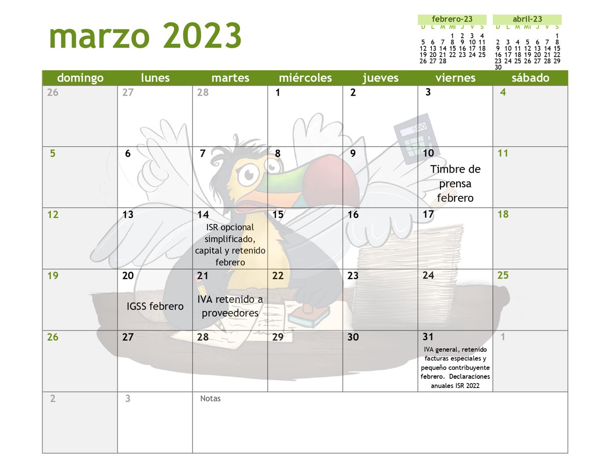 ¡Buenas tardes! Compartimos calendario con las principales fechas de cumplimiento tributario de este mes.

Tomen en cuenta que es previsible que el 31 los sistemas de bancos y de SAT serán inestables.  Ese día finaliza el plazo para entregar las declaraciones de ISR 2022.