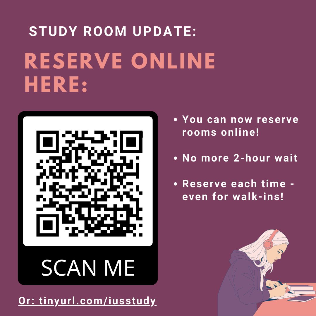 Starting today, you can now reserve study rooms online! No more 2 hour wait! Reserve online here: ius.libcal.com/reserve/studyr…
