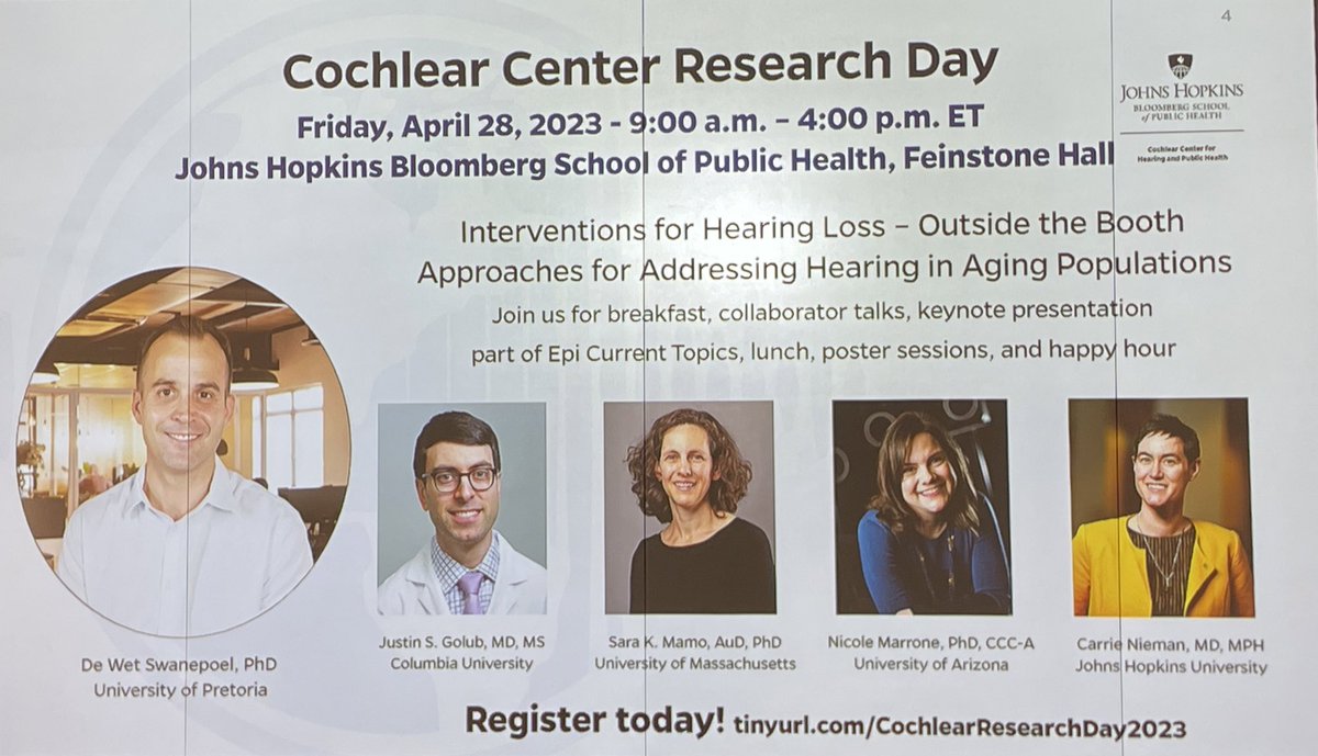 Register now for the <a href="/JHSPH_Hearing/">JHU Cochlear Center for Hearing and Public Health</a>’s annual Research Day:
🔗events.eventzilla.net/e/research-day…

We’ll be in-person this year at <a href="/JohnsHopkinsSPH/">Johns Hopkins Bloomberg School of Public Health</a>!

#HearingCare #HearingHealthEquity
