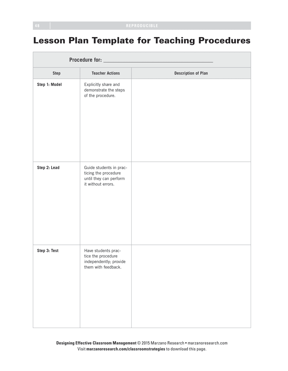 You can use this lesson plan template for teaching procedures in the classroom. 

Download this and more for free from Designing Effective Classroom Management. bit.ly/3gx6Iv1