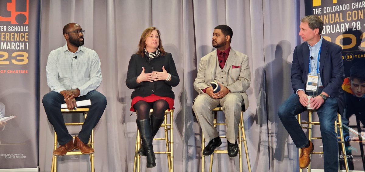 COCharterSchool's tweet photo. Thank you to our distinguished guests for contributing to a discussion of what’s possible in the next 30 years of charters: @GovofCO, Kevin Hall of @CharterGrowth, Marlon Marshall of City Fund, Hanna Skandera of @Daniels_Fund & Karega Rausch of the NACSA. #COCharterConference https://t.co/cryIYuwfRs
