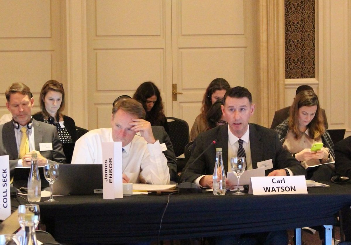 EnergyAtState's tweet photo. Policy Director Carl Watson at the #EITIBoard meeting in #BuenosAires.  ENR working multilaterally to improve good governance through an #EITIStandard that advances energy transition, gender equity, and strengthens anti-corruption, all priority U.S. foreign policy goals @EITIorg https://t.co/J2VEBaJwhN