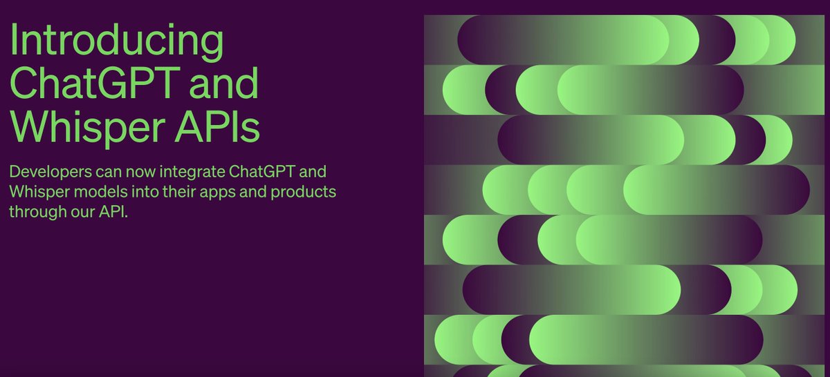 WhatAiTools's tweet image. 🚨 BREAKING: OpenAI introduces ChatGPT and Whisper API's.
Developers can now integrate ChatGPT and Whisper models into their apps and products through our API.
This will ensure a new wave of incredible AI products! 🚀
#WhisperAPI #ChatGPT #OpenAI