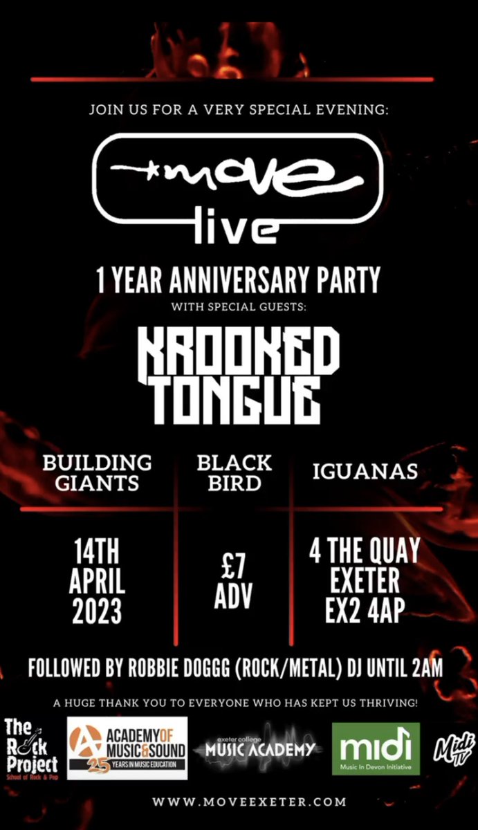 For any of my friends or followers near #Exeter 14th April who like #AltRock, then I really recommend <a href="/KrookedTongue/">rook</a> as a fantastic live band. And if you can't get there you will find all their music on Spotify, especially their new track just out this week, 'Velociraptor' 🦖🤘😁